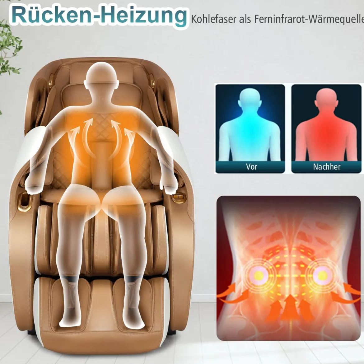 Ganzkörper Massagesessel Zero Gravity SL Track Massagestuhl mit Luftkompression & Heizung Hellbraun