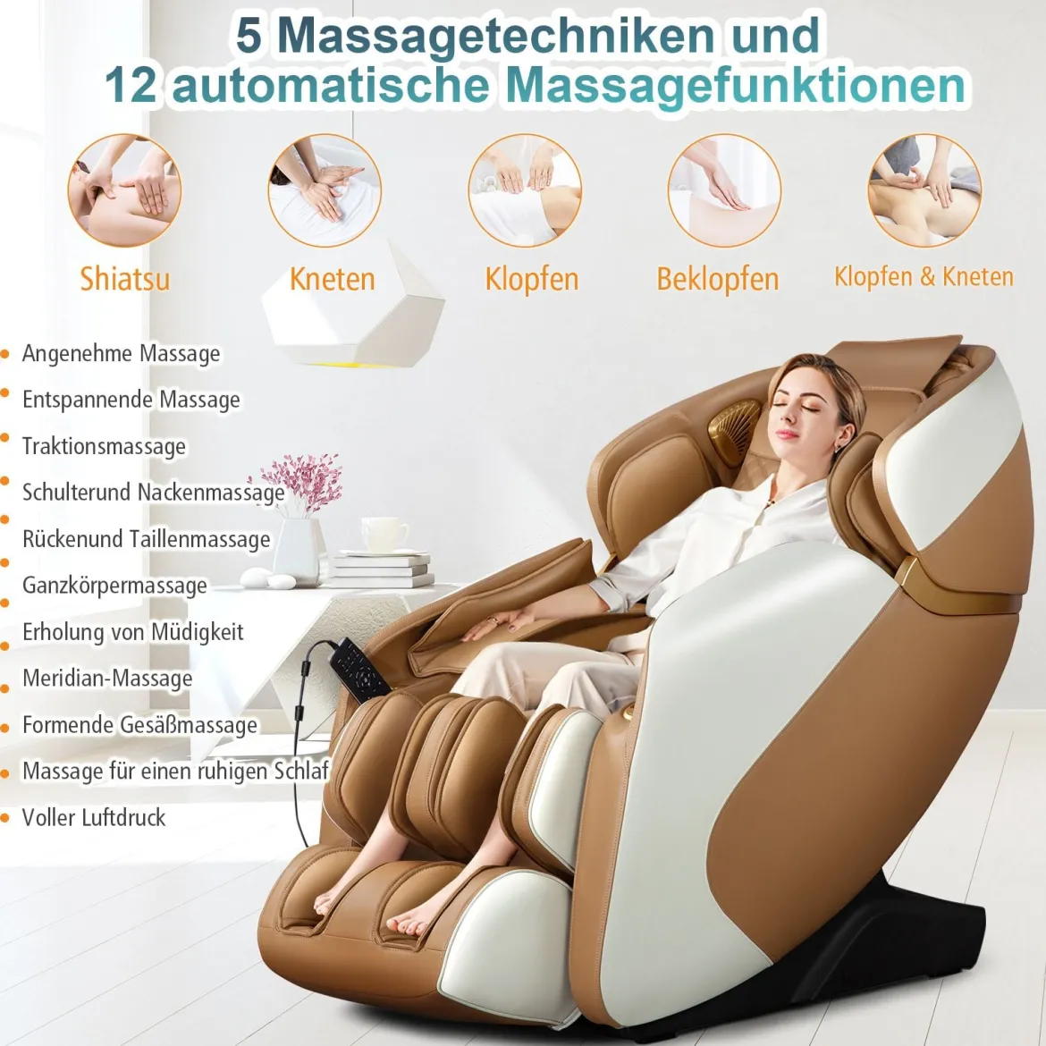 Ganzkörper Massagesessel Zero Gravity SL Track Massagestuhl mit Luftkompression & Heizung Hellbraun