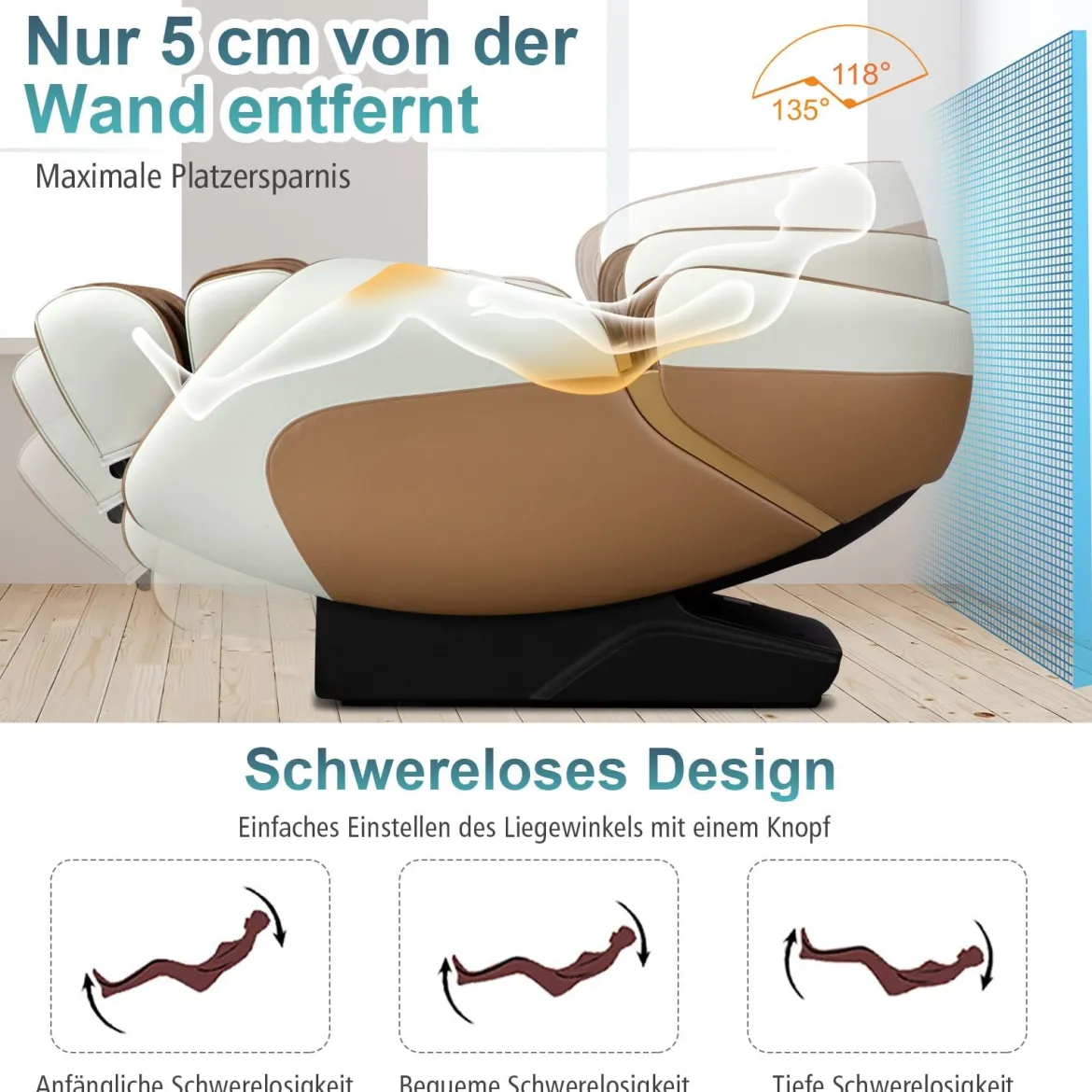 Ganzkörper Massagesessel Zero Gravity SL Track Massagestuhl mit Luftkompression & Heizung Hellbraun
