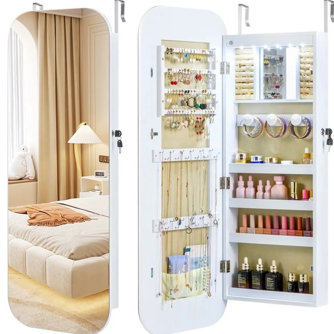 Ganzkörperspiegel mit Abschließbarem Schmuckschrank & 6 LED-Lichter Schmuckorganizer