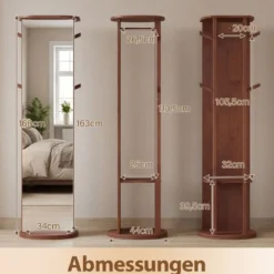 Ganzkörperspiegel mit Ständer drehbarer Garderobenständer mit Ankleidespiegel Walnuss (2 Kleiderstangen)