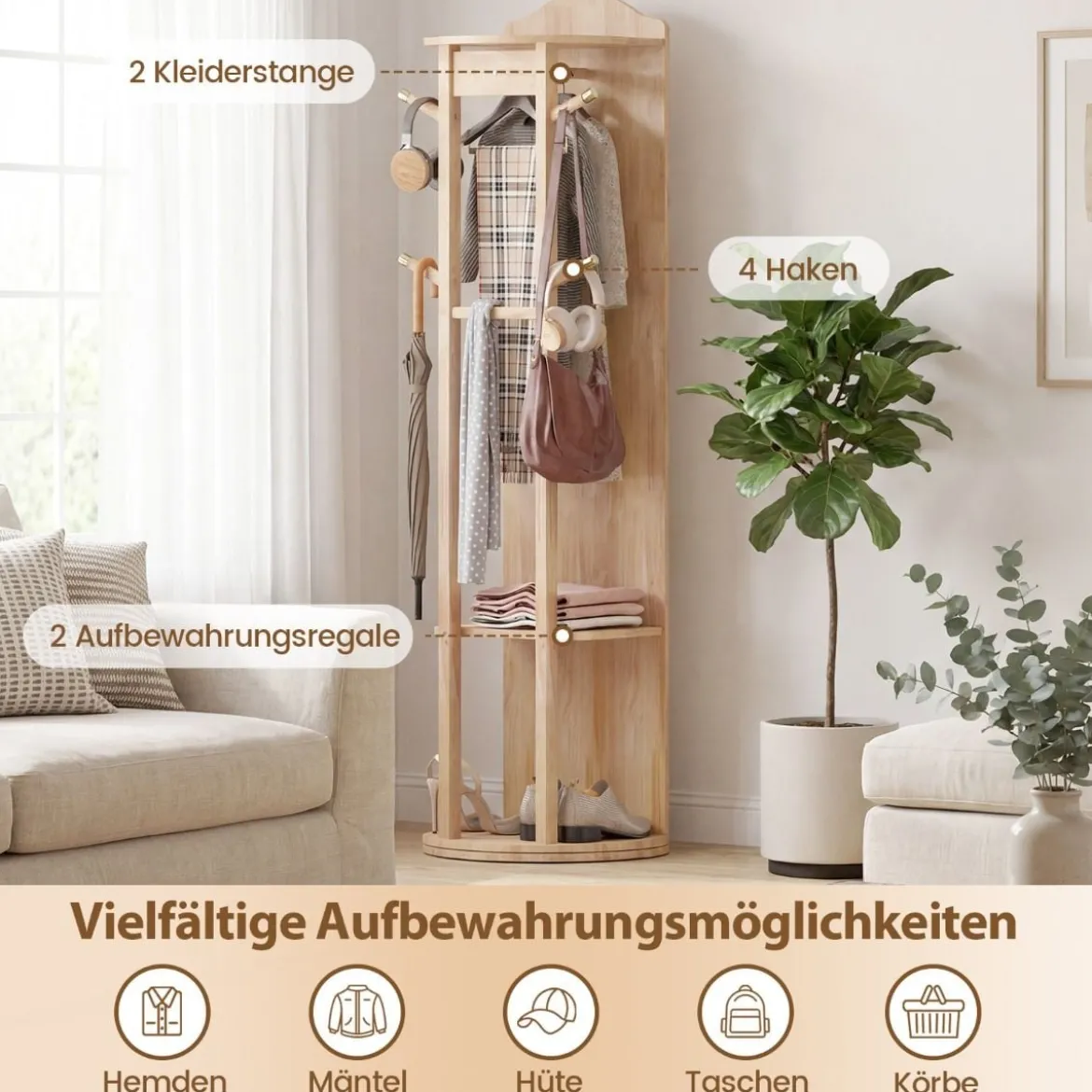 Ganzkörperspiegel mit Ständer drehbarer Garderobenständer mit Ankleidespiegel 4 Haken Natur (1 Kleiderstangen)