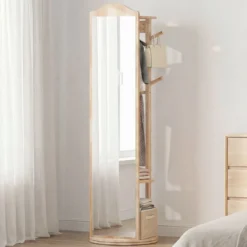 Ganzkörperspiegel mit Ständer drehbarer Garderobenständer mit Ankleidespiegel 4 Haken Natur (1 Kleiderstangen)