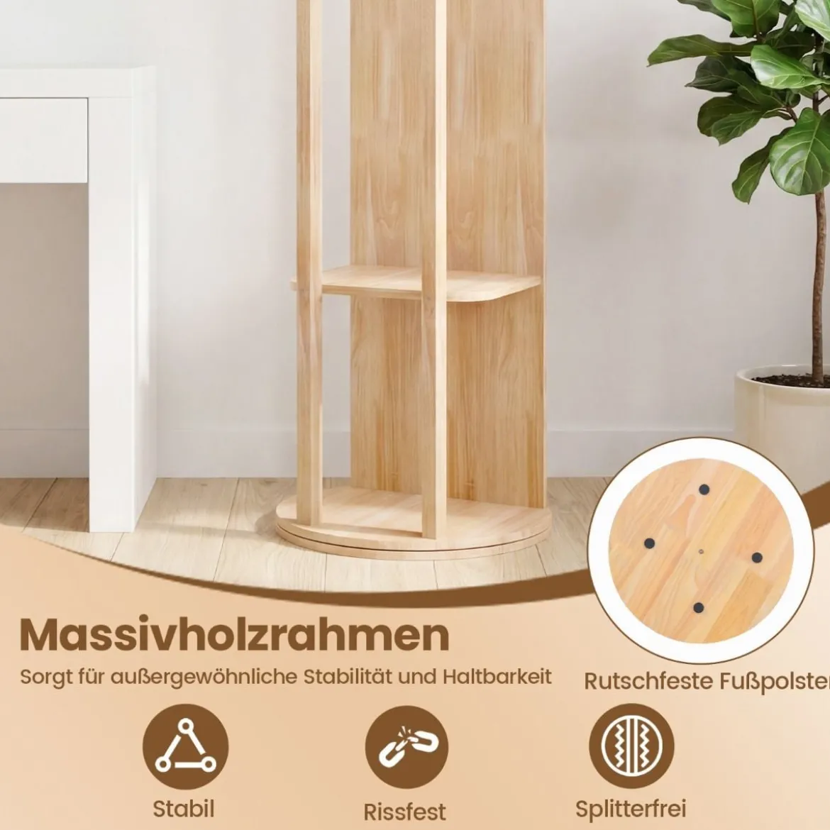 Ganzkörperspiegel mit Ständer drehbarer Garderobenständer mit Ankleidespiegel 4 Haken Natur (1 Kleiderstangen)