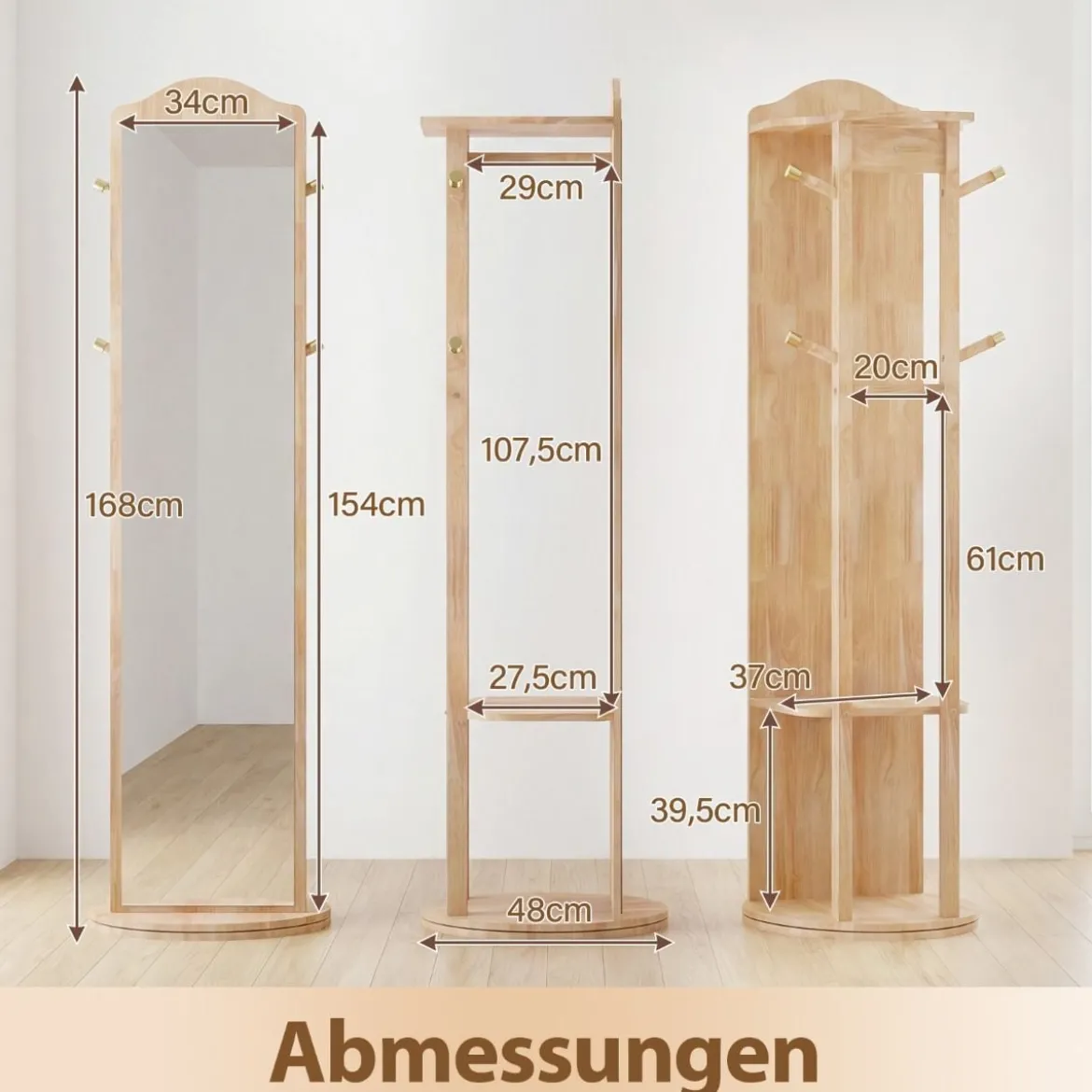 Ganzkörperspiegel mit Ständer drehbarer Garderobenständer mit Ankleidespiegel 4 Haken Natur (1 Kleiderstangen)