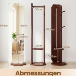 Ganzkörperspiegel mit Ständer drehbarer Garderobenständer mit Ankleidespiegel 4 Haken Walnuss (1 Kleiderstangen)