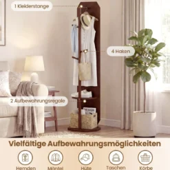 Ganzkörperspiegel mit Ständer drehbarer Garderobenständer mit Ankleidespiegel 4 Haken Walnuss (1 Kleiderstangen)