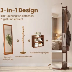 Ganzkörperspiegel mit Ständer drehbarer Garderobenständer mit Ankleidespiegel 4 Haken Walnuss (1 Kleiderstangen)