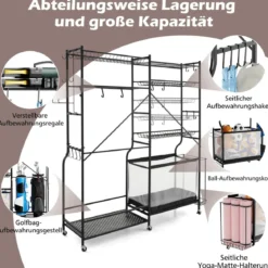 Garage Organizer Für Sportgeräte mit 5 Verstellbaren Regalen & Ballkorb & Seitlichen Haken Schwarz
