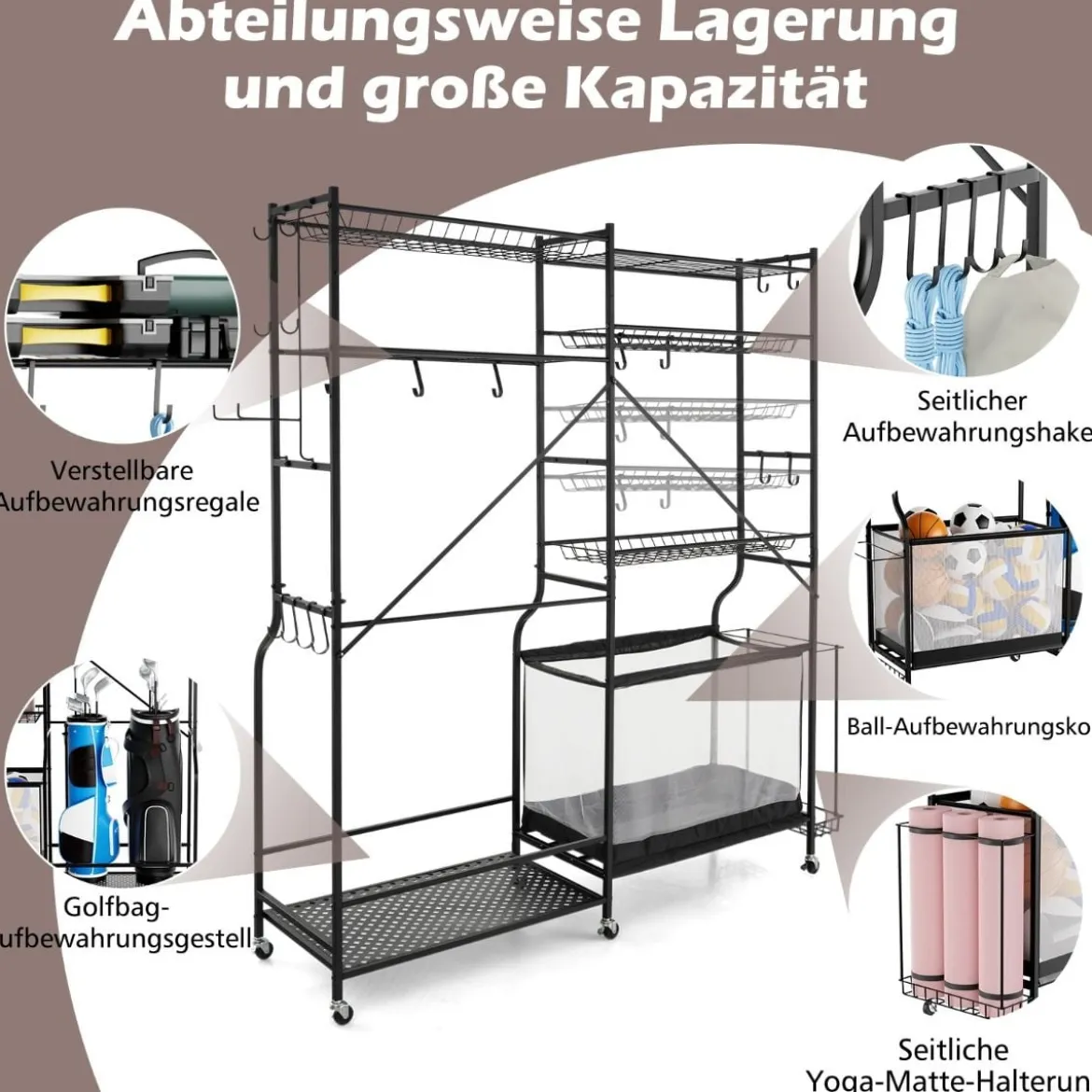 Garage Organizer Für Sportgeräte mit 5 Verstellbaren Regalen & Ballkorb & Seitlichen Haken Schwarz