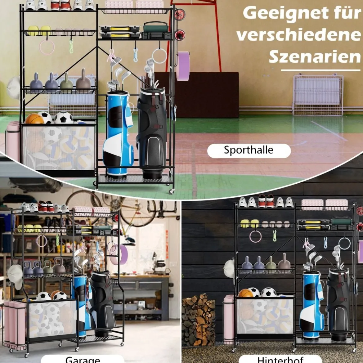 Garage Organizer Für Sportgeräte mit 5 Verstellbaren Regalen & Ballkorb & Seitlichen Haken Schwarz