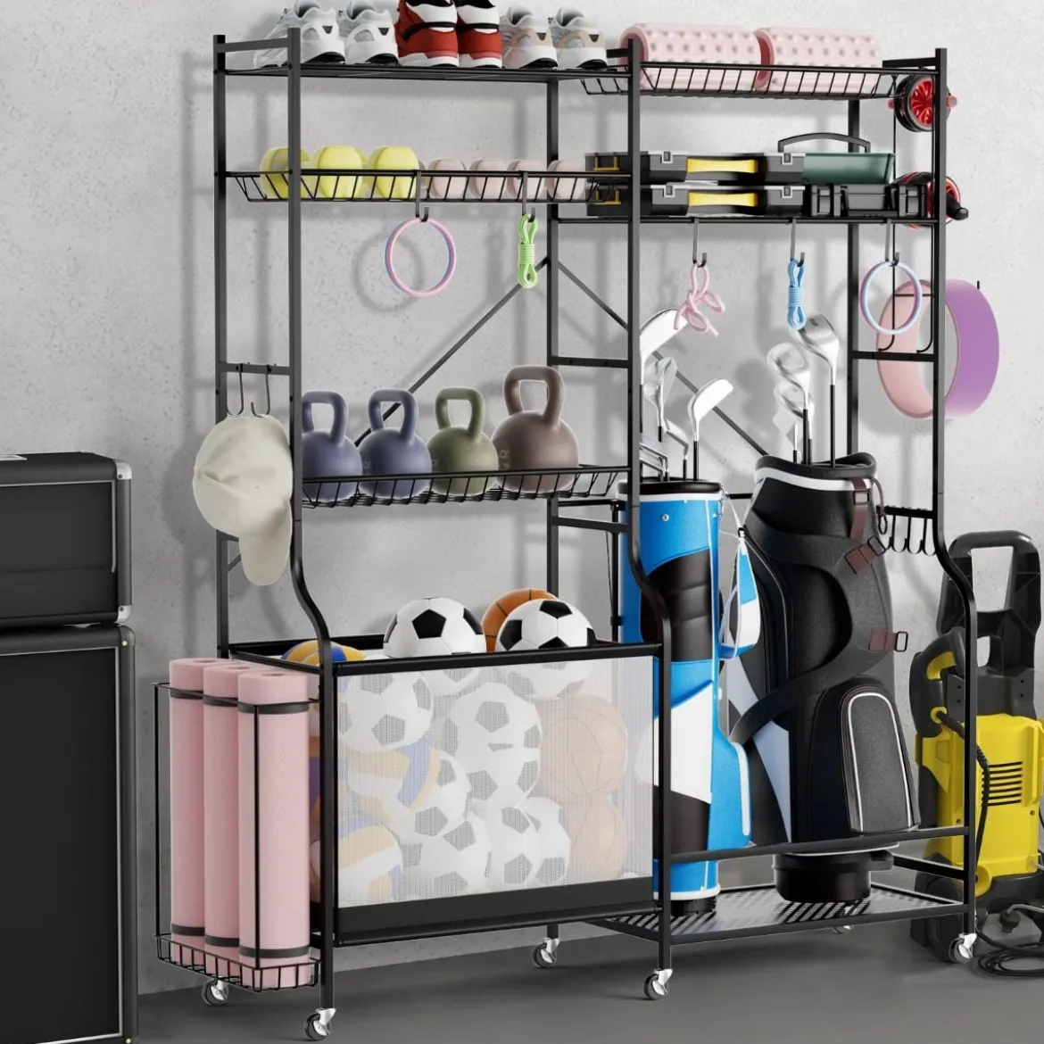 Garage Organizer Für Sportgeräte mit 5 Verstellbaren Regalen & Ballkorb & Seitlichen Haken Schwarz