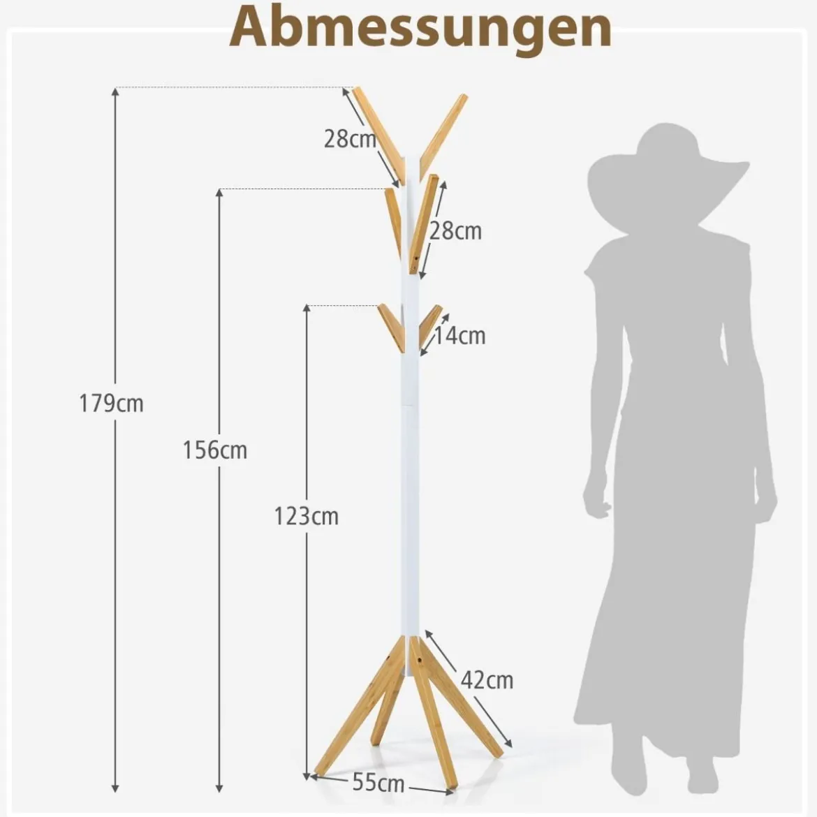 Garderobenständer aus Bambus mit 6 Haken Kleiderständer 55 x 55 x 179 cm Natur + Weiß