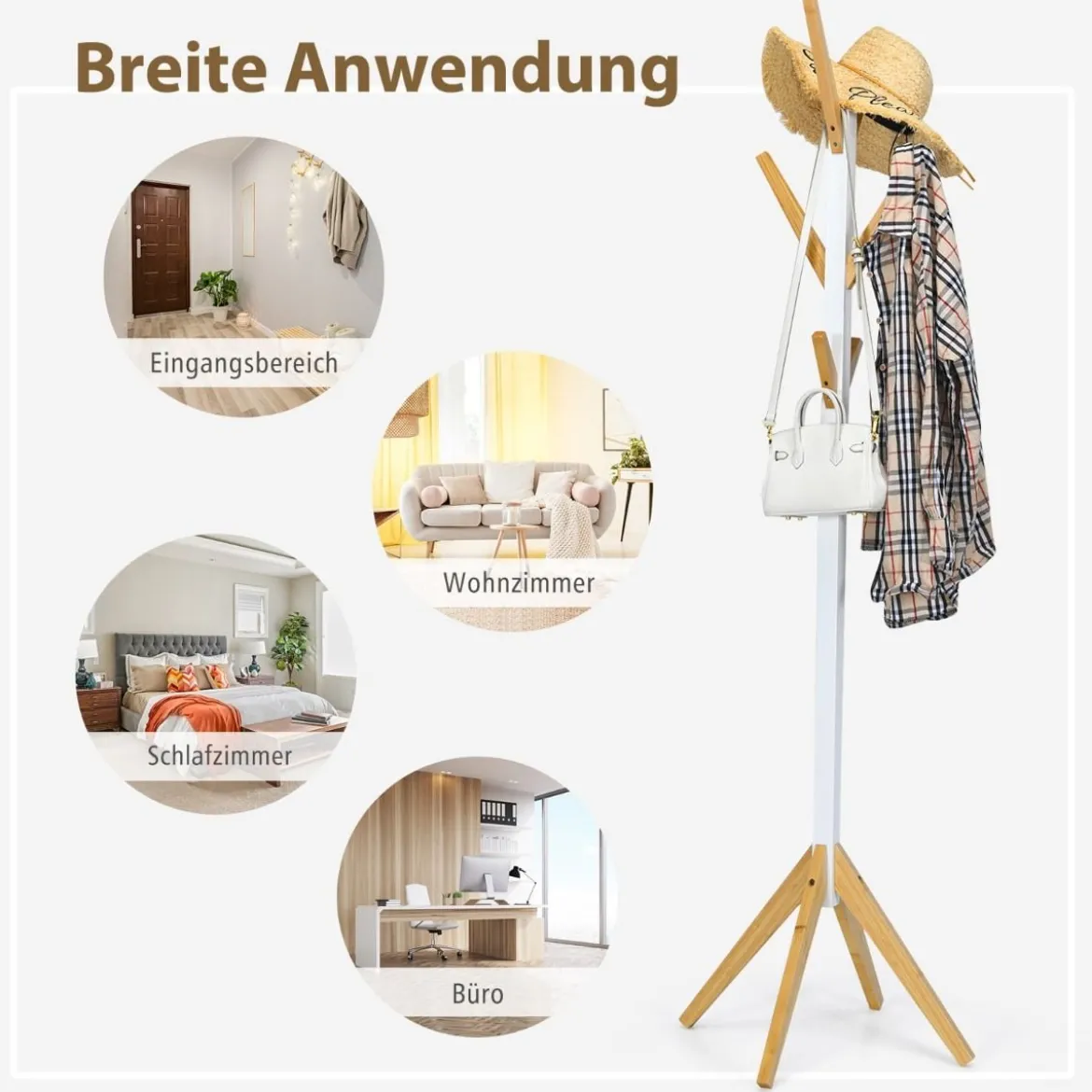 Garderobenständer aus Bambus mit 6 Haken Kleiderständer 55 x 55 x 179 cm Natur + Weiß