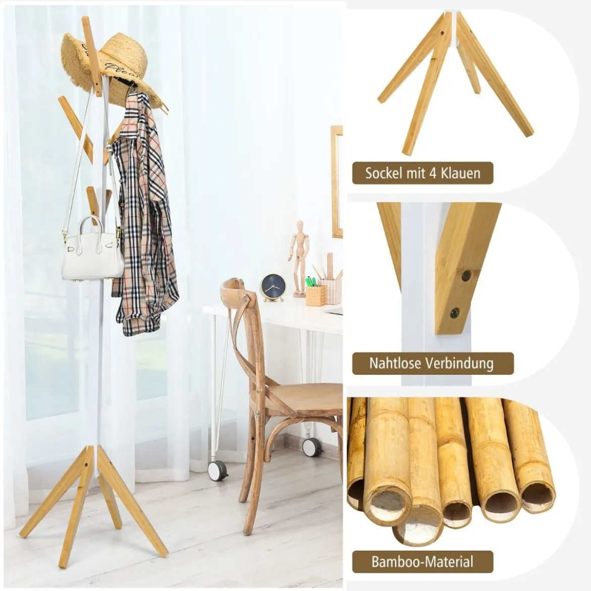 Garderobenständer aus Bambus mit 6 Haken Kleiderständer 55 x 55 x 179 cm Natur + Weiß