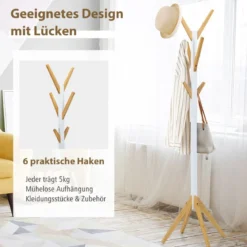 Garderobenständer aus Bambus mit 6 Haken Kleiderständer 55 x 55 x 179 cm Natur + Weiß