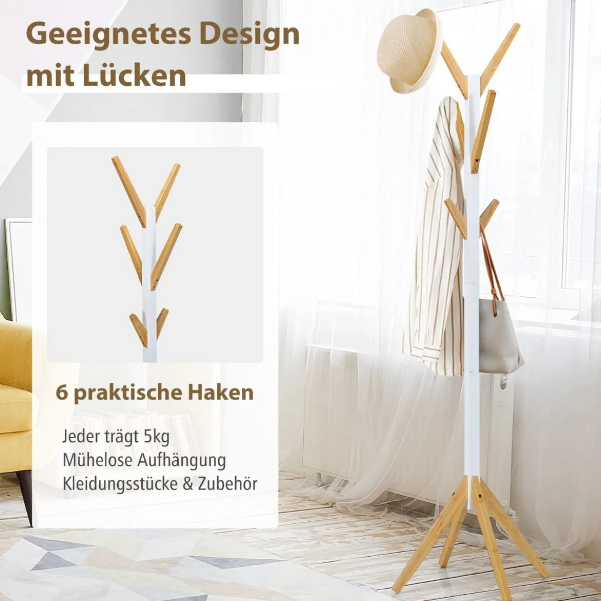 Garderobenständer aus Bambus mit 6 Haken Kleiderständer 55 x 55 x 179 cm Natur + Weiß