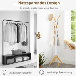 Garderobenständer aus Bambus mit 6 Haken Kleiderständer 55 x 55 x 179 cm Natur + Weiß