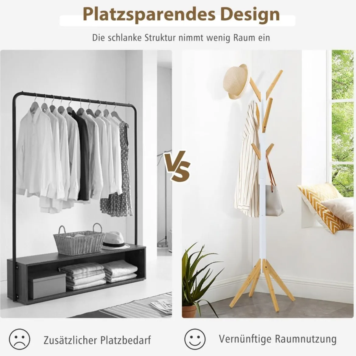 Garderobenständer aus Bambus mit 6 Haken Kleiderständer 55 x 55 x 179 cm Natur + Weiß