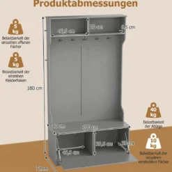 Garderobenständer Kleiderständer mit Offener Ablage Schuhregal 2 Fächern & 5 Haken Schwarz/Grau/Weiß