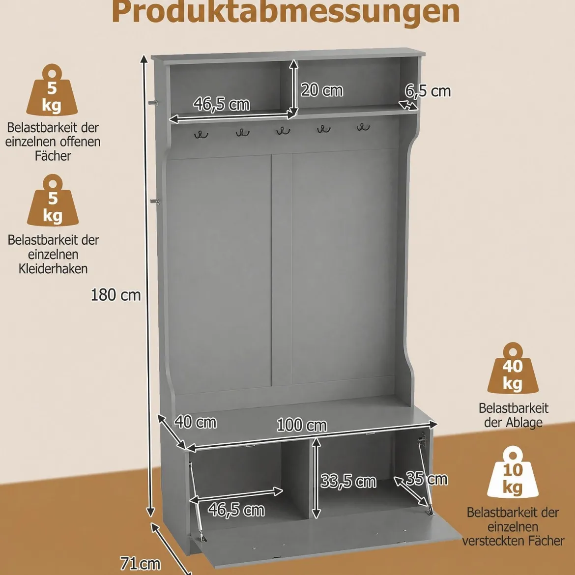 Garderobenständer Kleiderständer mit Offener Ablage Schuhregal 2 Fächern & 5 Haken Schwarz/Grau/Weiß