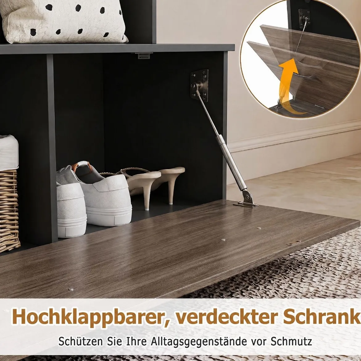 Garderobenständer Kleiderständer mit Offener Ablage Schuhregal 2 Fächern & 5 Haken Schwarz/Grau/Weiß