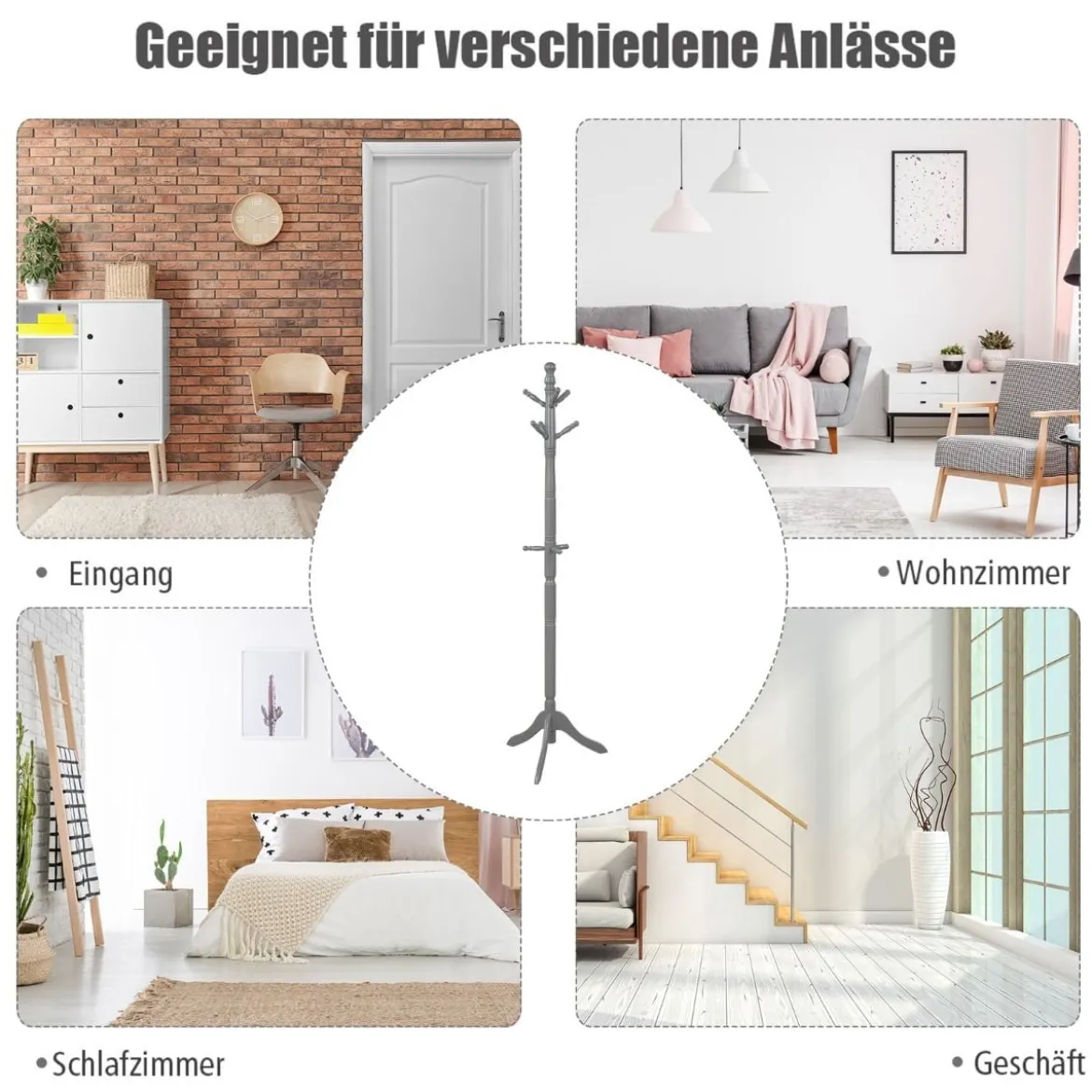 Garderobenständer mit 9 Haken freistehender Kleiderständer mit verstellbarer höhen 175 cm Grau
