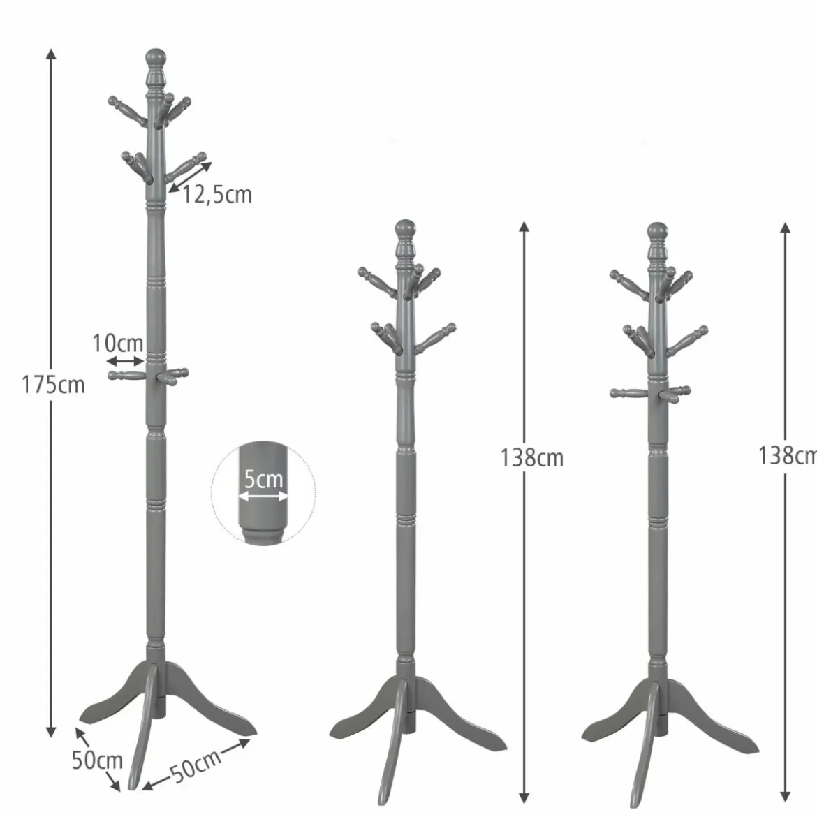 Garderobenständer mit 9 Haken freistehender Kleiderständer mit verstellbarer höhen 175 cm Grau