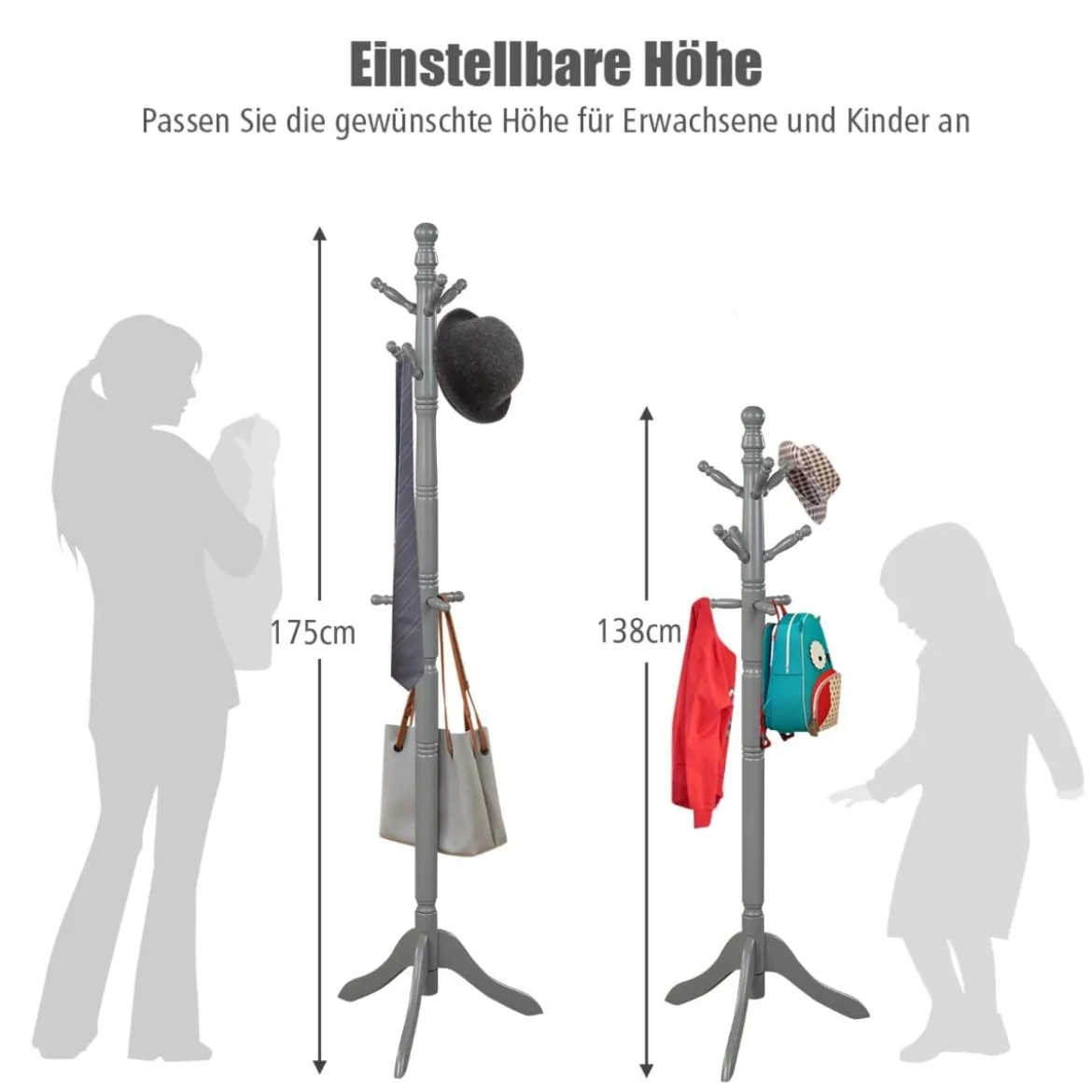 Garderobenständer mit 9 Haken freistehender Kleiderständer mit verstellbarer höhen 175 cm Grau