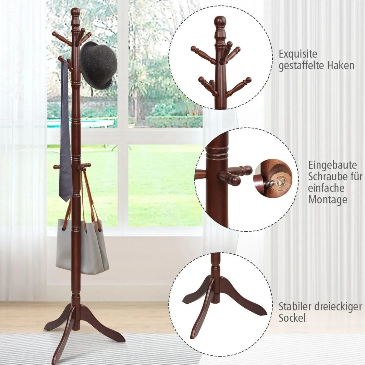 Garderobenständer mit 9 Haken freistehender Kleiderständer mit verstellbarer höhen 175 cm Braun