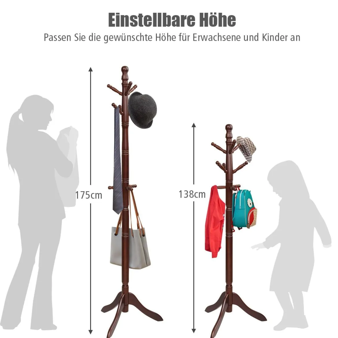 Garderobenständer mit 9 Haken freistehender Kleiderständer mit verstellbarer höhen 175 cm Braun