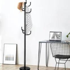 Garderobenständer mit 8 Haken Jackenständer aus Metall Schwarz 38 x 175 cm