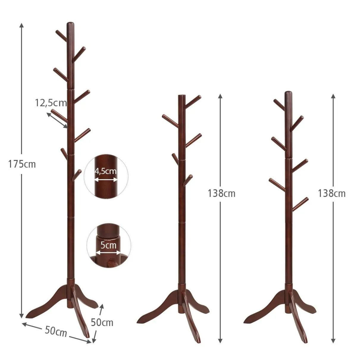 Garderobenständer mit 8 Haken Kleiderständer aus Holz höhenverstellbar 175 cm Braun
