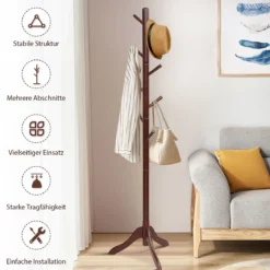 Garderobenständer mit 8 Haken Kleiderständer aus Holz höhenverstellbar 175 cm Braun