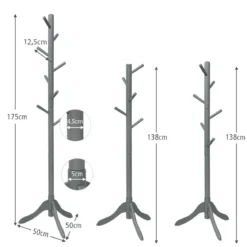 Garderobenständer mit 8 Haken Kleiderständer aus Holz höhenverstellbar 175 cm Grau