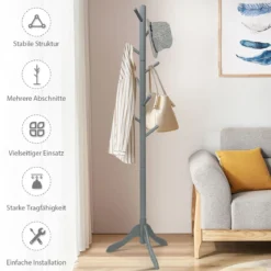 Garderobenständer mit 8 Haken Kleiderständer aus Holz höhenverstellbar 175 cm Grau