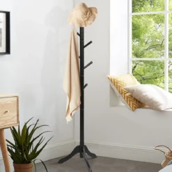 Garderobenständer mit 8 Haken Kleiderständer aus Holz höhenverstellbar 175 cm Schwarz