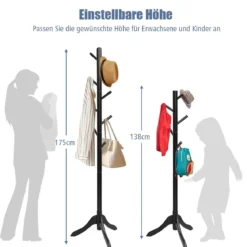 Garderobenständer mit 8 Haken Kleiderständer aus Holz höhenverstellbar 175 cm Schwarz