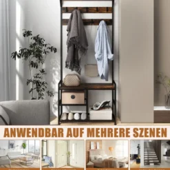 Garderobenständer mit 9 Haken & Schuhregal 3 Ebenen Garderobe Industrie-Design Braun