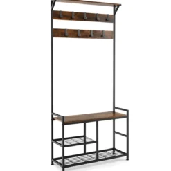 Garderobenständer mit 9 Haken & Schuhregal 3 Ebenen Garderobe Industrie-Design Braun