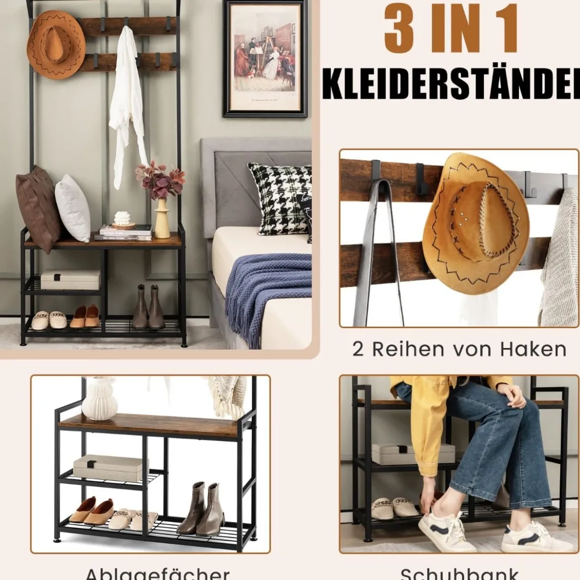 Garderobenständer mit 9 Haken & Schuhregal 3 Ebenen Garderobe Industrie-Design Braun