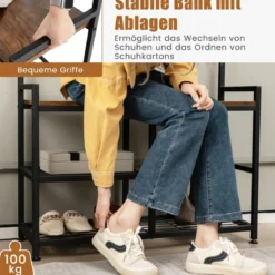 Garderobenständer mit 9 Haken & Schuhregal 3 Ebenen Garderobe Industrie-Design Braun