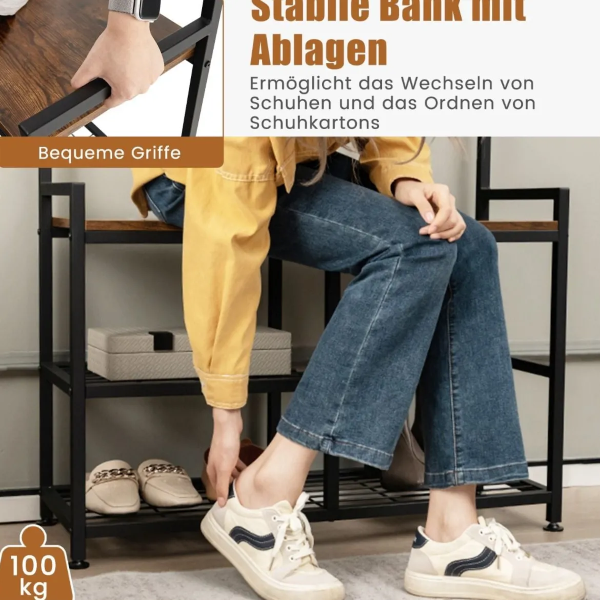 Garderobenständer mit 9 Haken & Schuhregal 3 Ebenen Garderobe Industrie-Design Braun