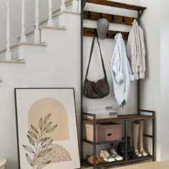 Garderobenständer mit 9 Haken & Schuhregal 3 Ebenen Garderobe Industrie-Design Braun