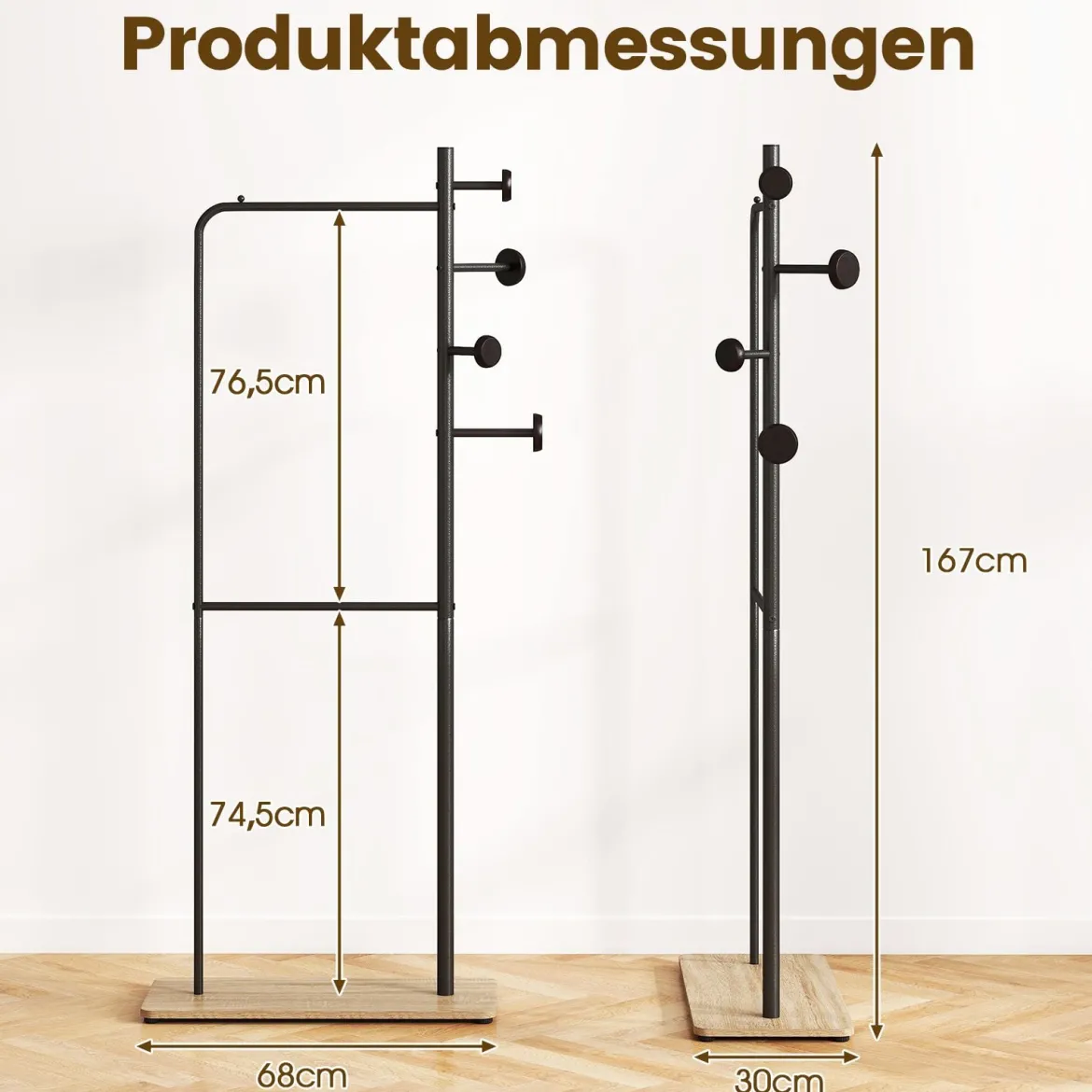 Garderobenständer mit 2 Kleiderstangen Standgarderobe aus Metall mit 4 Haken & Schuhablage