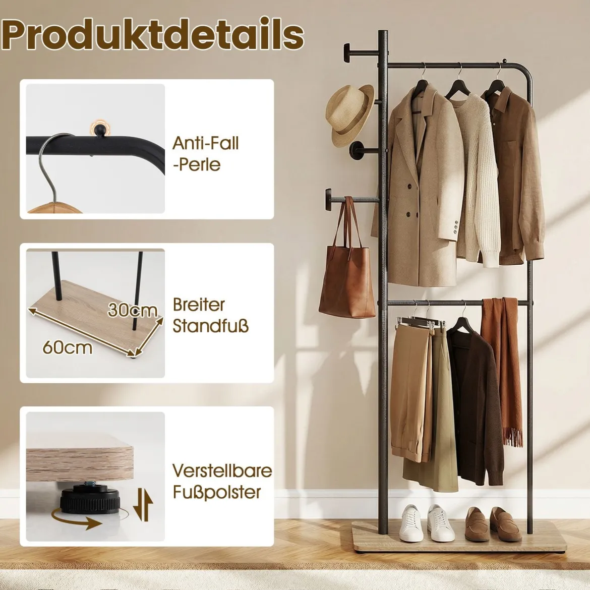 Garderobenständer mit 2 Kleiderstangen Standgarderobe aus Metall mit 4 Haken & Schuhablage