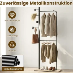 Garderobenständer mit 2 Kleiderstangen Standgarderobe aus Metall mit 4 Haken & Schuhablage