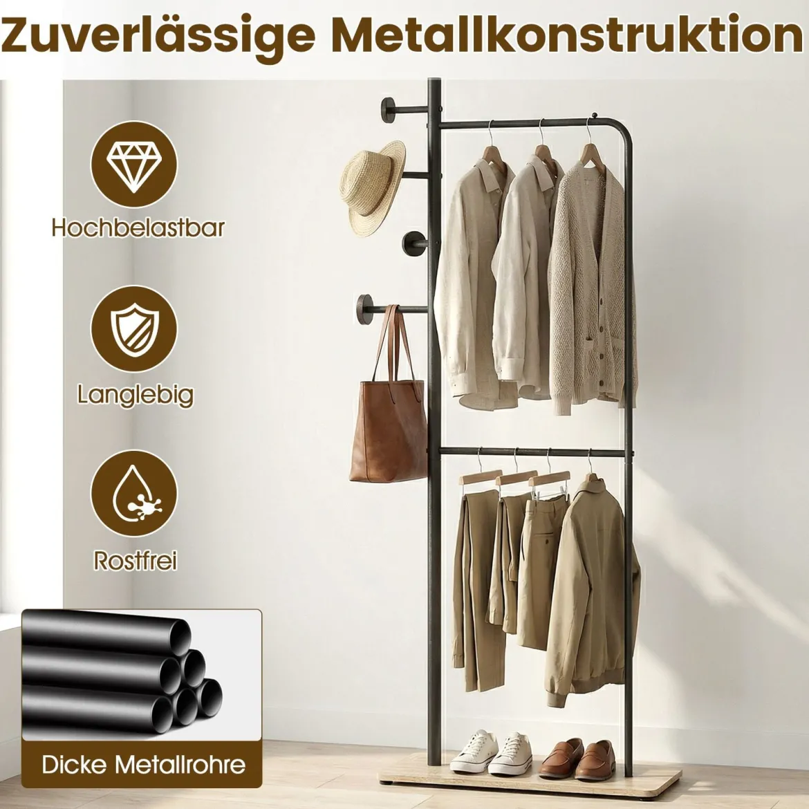 Garderobenständer mit 2 Kleiderstangen Standgarderobe aus Metall mit 4 Haken & Schuhablage