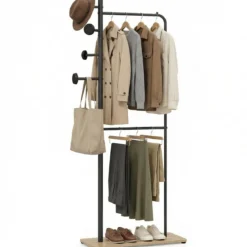 Garderobenständer mit 2 Kleiderstangen Standgarderobe aus Metall mit 4 Haken & Schuhablage