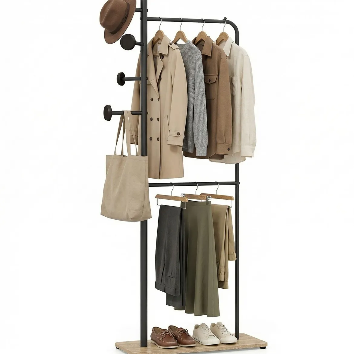 Garderobenständer mit 2 Kleiderstangen Standgarderobe aus Metall mit 4 Haken & Schuhablage